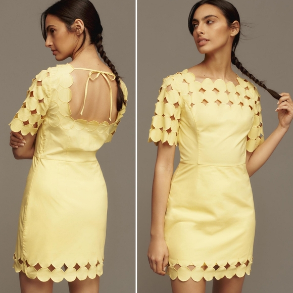 NWT, Anthropologie, Yellow Tie Back Cutwork Mini Shift Dress - Picture 2 of 2